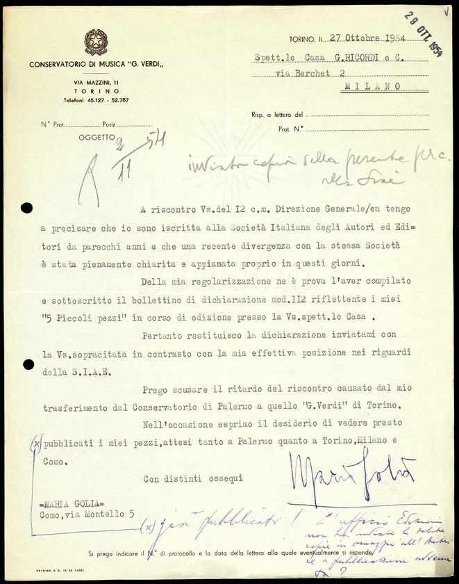 Letter from Maria Golia at the G. Verdi Conservatory in Turin, 1954