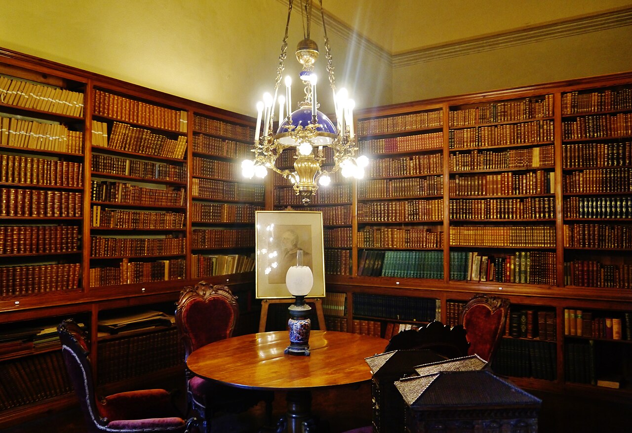 The historic library with floor-to-ceiling bookshelves